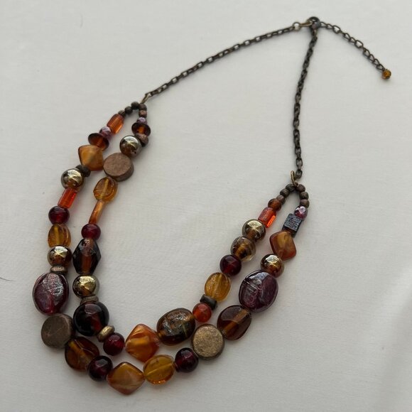 Boho Glass Beaded Fall Colors Red Orange Honey Amber Brass Tone Costume Necklace - Picture 1 of 8